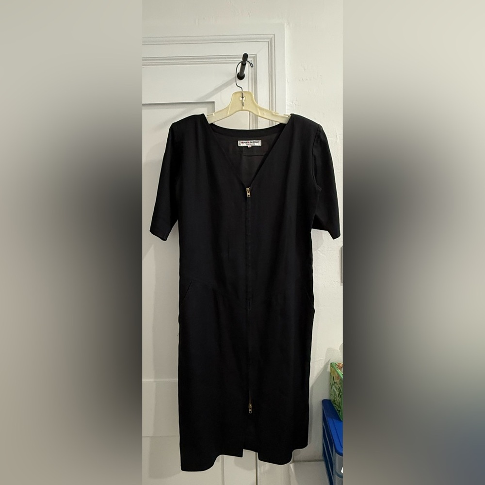 VTG Saint Laurent Rive Gauche v neck short sleeve midi dress w/ shoulder pads